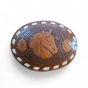 Vintage Western Leather Horse Belt Buckle Tooled Equestrian Cowboy Style Unisex